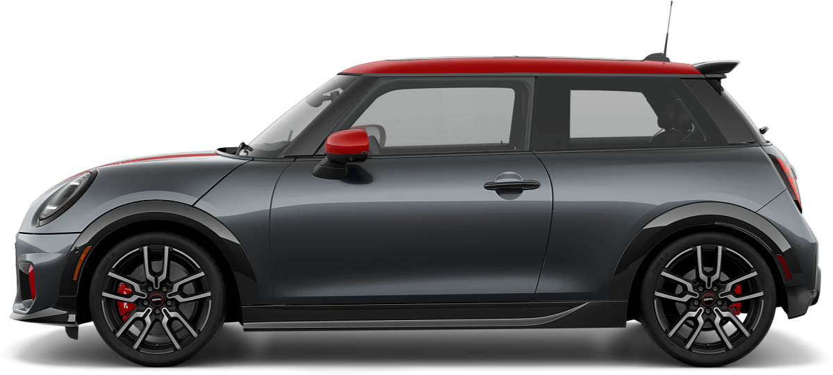 Side view of a MINI JCW 2 Door in the Legend Grey body color, facing left with its shadow underneath it.