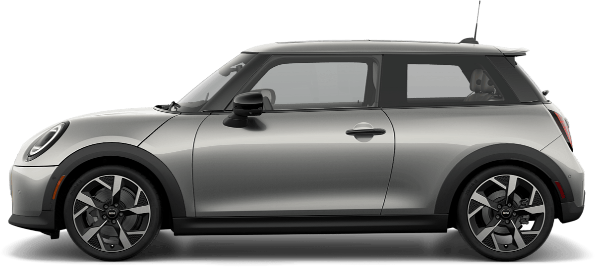Side view of a MINI Cooper S 2 Door in the Melting Silver III Metallic body color, facing left with its shadow underneath it.
